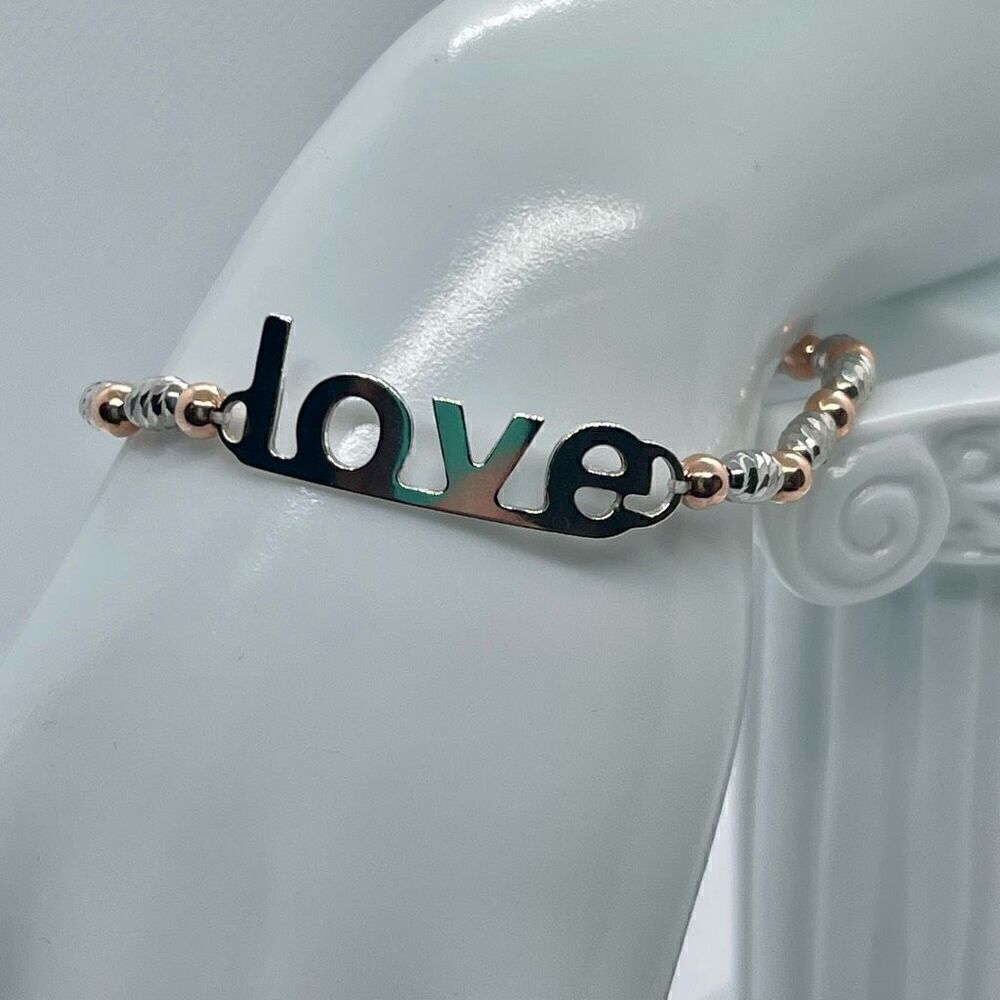 Italian Sterling Silver Spiral Rose Gold Vermeil Ball Beaded “Love” Bracelet